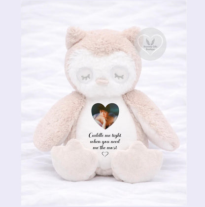 Beige personalised memorial owl teddy with heart-shaped photo and Cuddle me tight remembrance quote