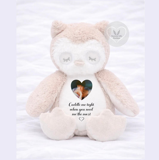 Beige personalised memorial owl teddy with heart-shaped photo and Cuddle me tight remembrance quote