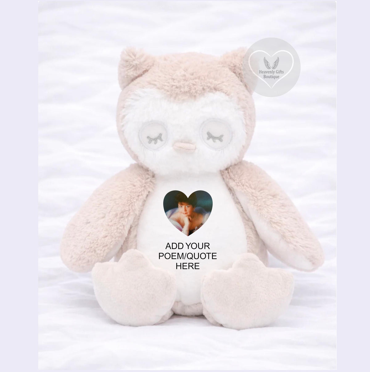 Beige personalised memorial owl teddy with heart-shaped photo and custom poem or quote option