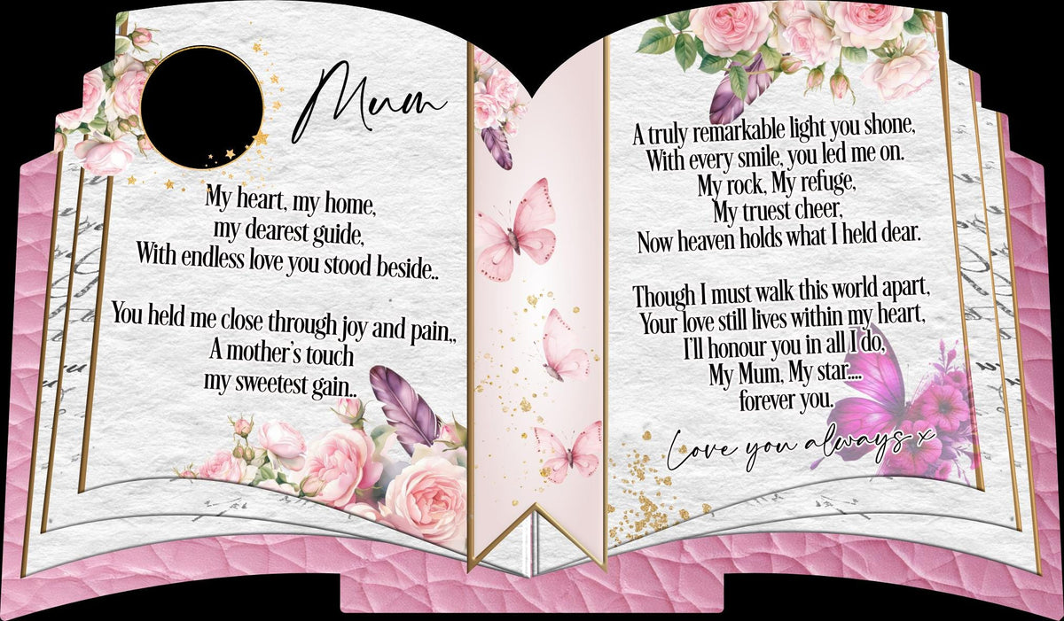 Personalised memorial plaque displayed on an open book style stand