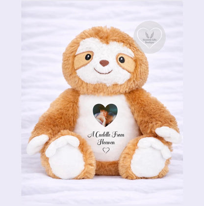 Personalised brown and cream memorial sloth teddy with heart-shaped photo and A Cuddle From Heaven wording