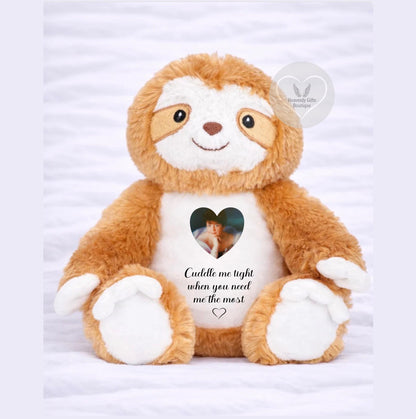 Personalised brown and cream memorial sloth teddy with heart-shaped photo and Cuddle Me Tight remembrance wording