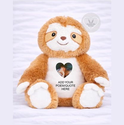 Personalised brown and cream memorial sloth teddy with heart-shaped photo and space for your own poem or quote