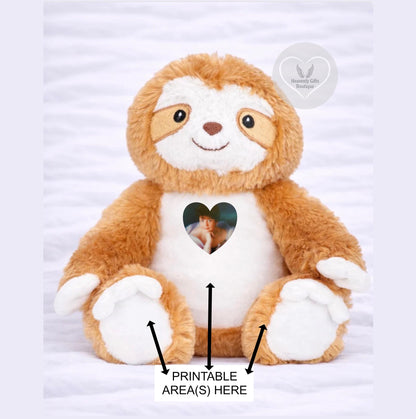 Brown and cream memorial sloth teddy showing the printable photo, tummy and foot areas
