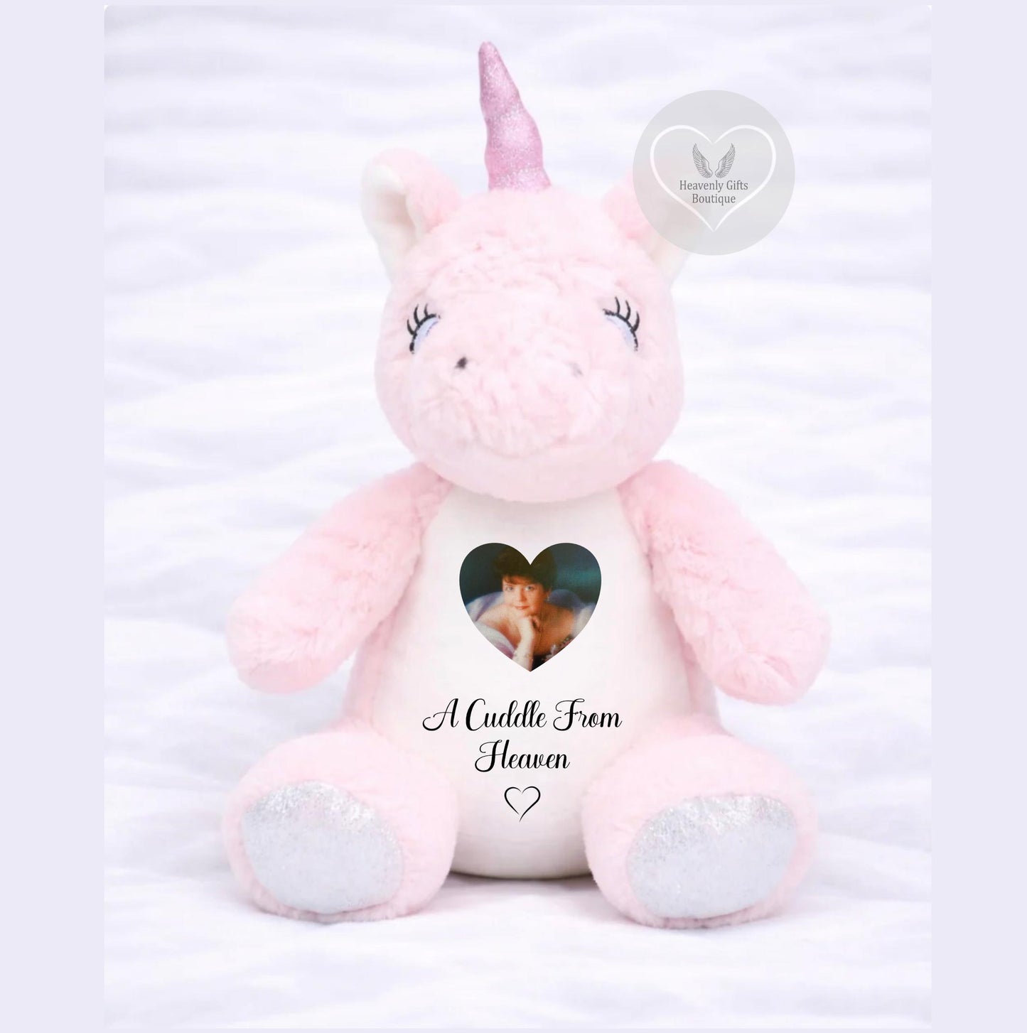Personalised pink unicorn memorial teddy bear with photo