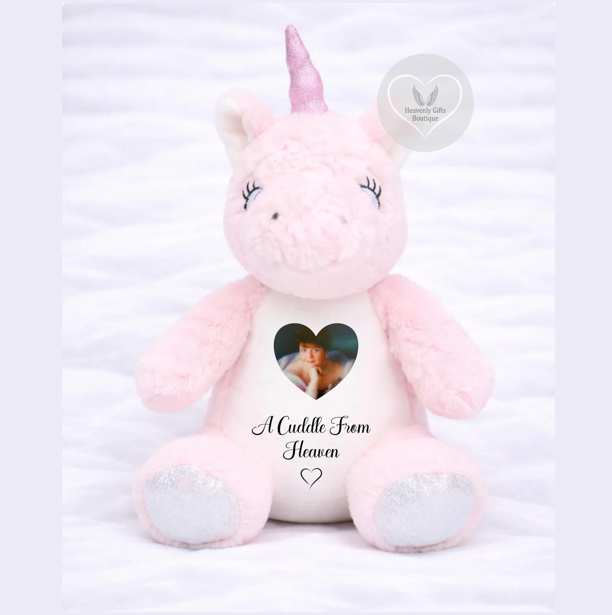 Personalised pink unicorn memorial teddy bear with photo