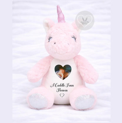 Personalised pink unicorn memorial teddy bear with photo