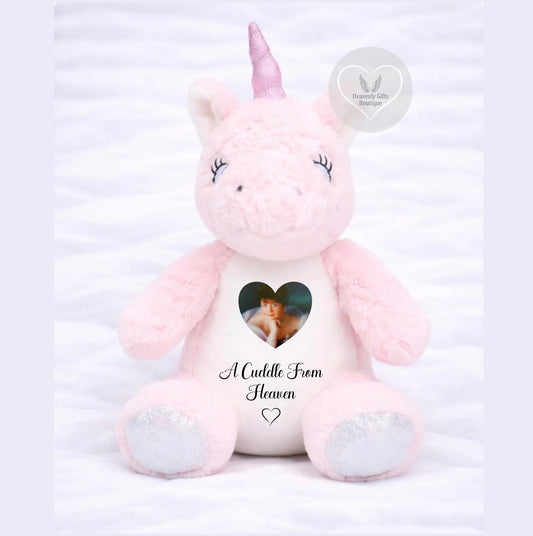Personalised pink unicorn memorial teddy bear with photo