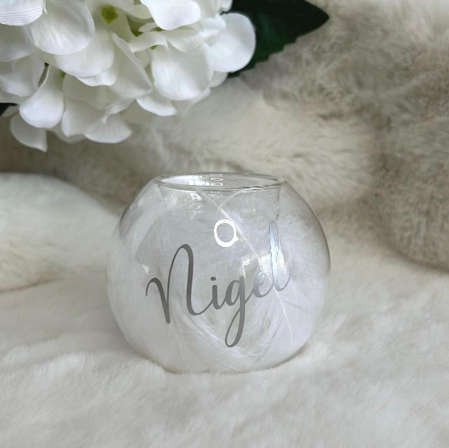 Personalised feather filled glass tealight holder with name lettering