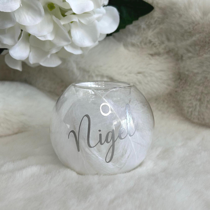 Personalised feather filled glass tealight holder with name lettering
