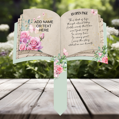 Personalised open book grave marker with pink roses and butterflies, custom name or text and An Open Page poem