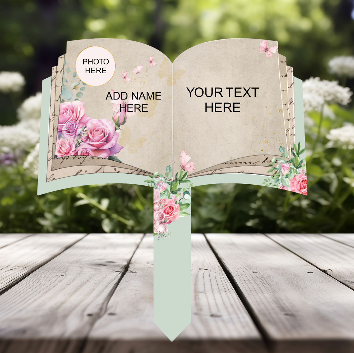 Personalised open book grave marker with pink floral design, photo, name and custom remembrance wording