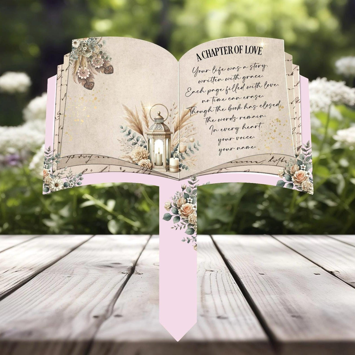 Personalised open book grave marker with name dates and memorial wording