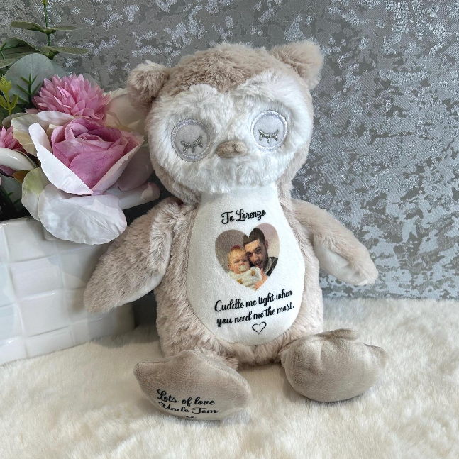 Personalised owl remembrance keepsake with photo and memorial wording