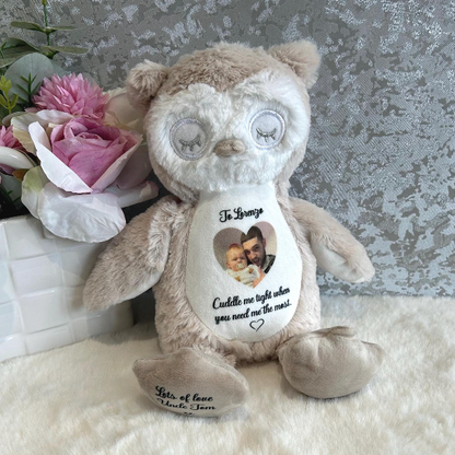 Personalised owl remembrance keepsake with photo and memorial wording