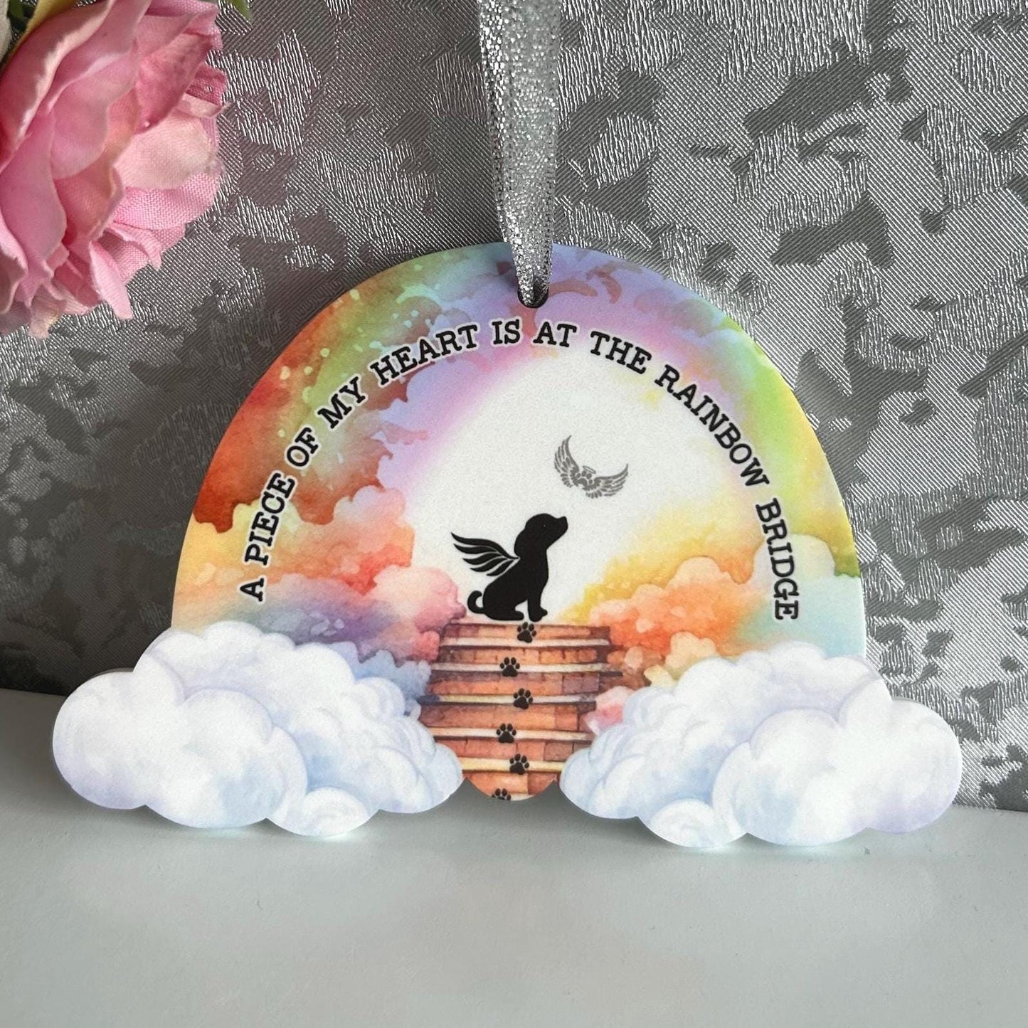 Personalised pet memorial decoration for Rainbow Bridge remembrance