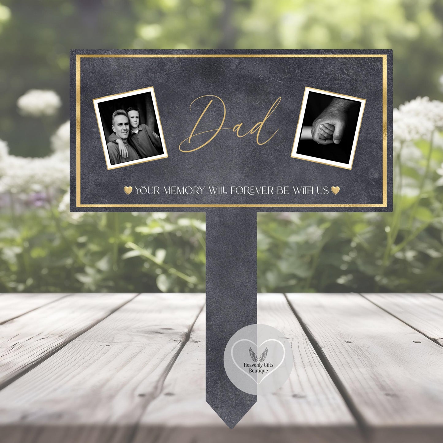 Photo memorial grave marker with personalised name dates and wording