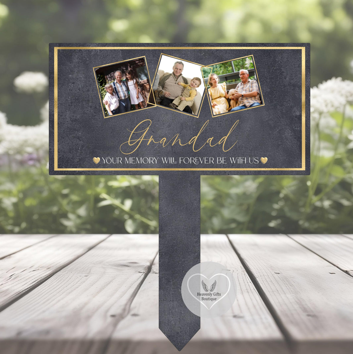 Personalised photo memorial grave marker with cherished photographs and remembrance wording
