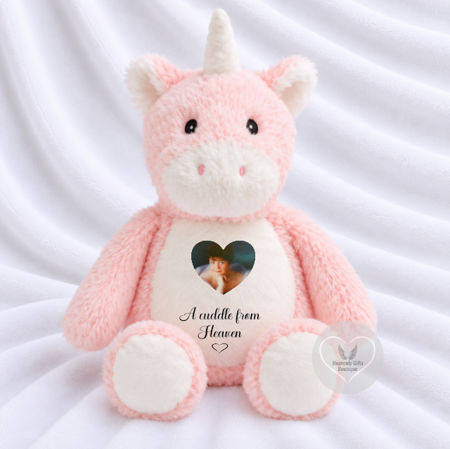 Personalised pink unicorn photo memory bear with printable tummy and feet