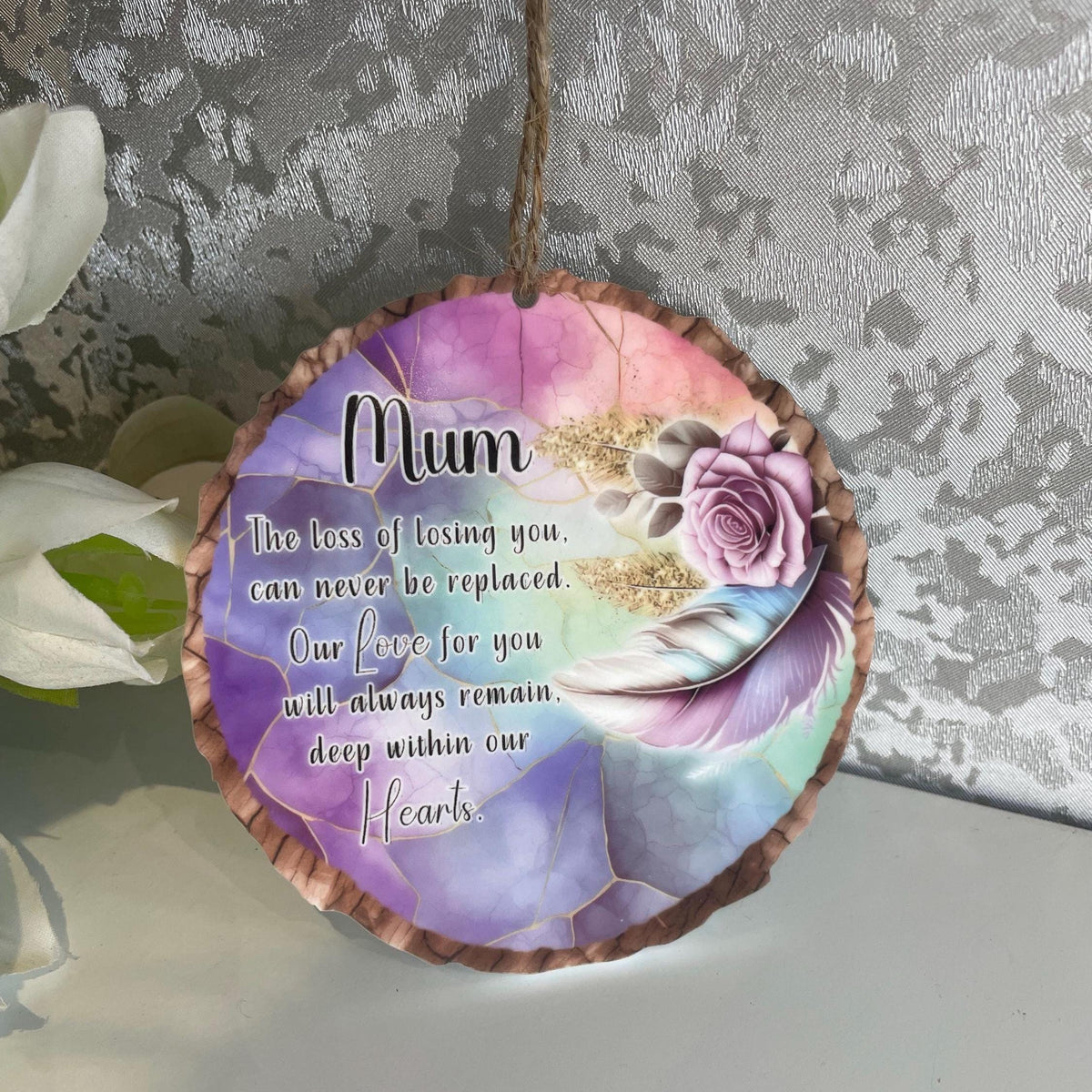 Personalised purple feather memorial decoration with remembrance wording