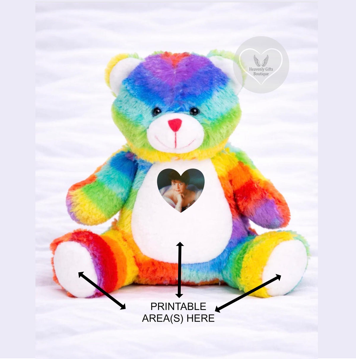 Personalised rainbow memory teddy with photo and memorial wording