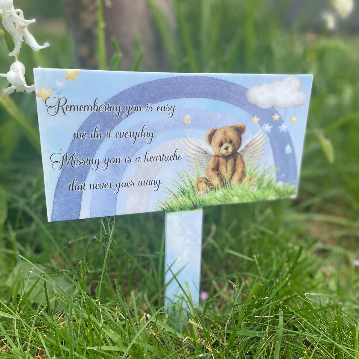 Personalised rainbow teddy bear grave marker for baby remembrance