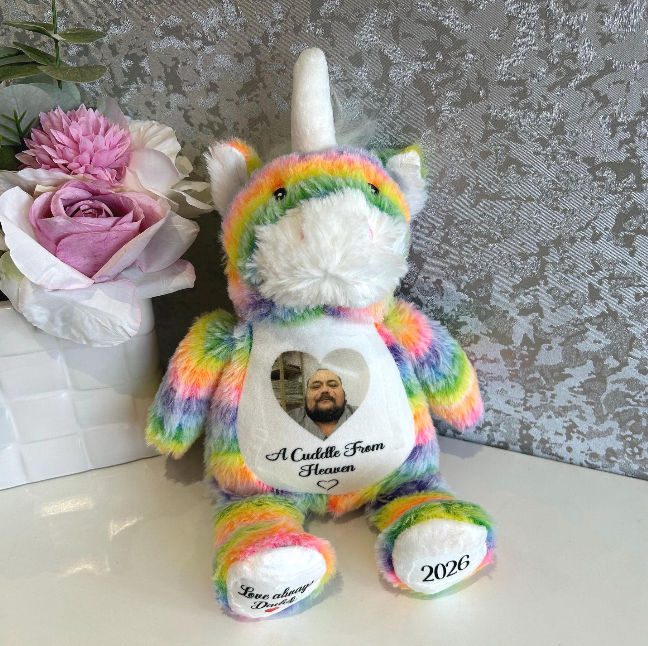 Personalised rainbow unicorn memorial keepsake with photo and remembrance wording