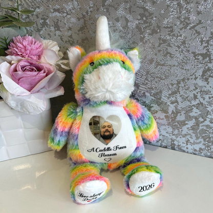 Personalised rainbow unicorn memorial keepsake with photo and remembrance wording
