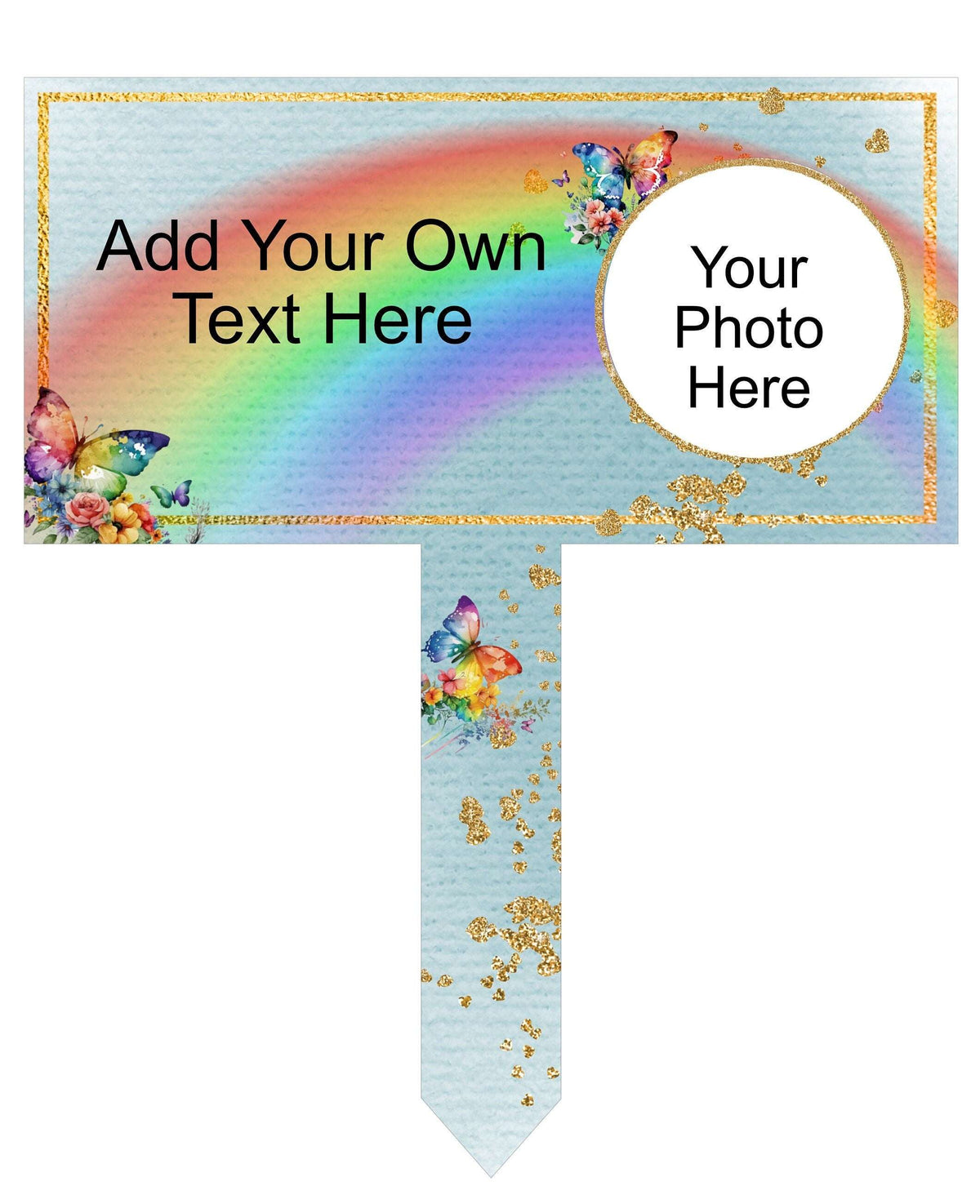 Personalised rainbows and butterflies memorial marker for a graveside or garden
