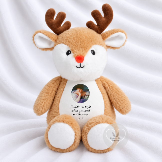 Personalised red nose reindeer photo memory bear with printable tummy and feet