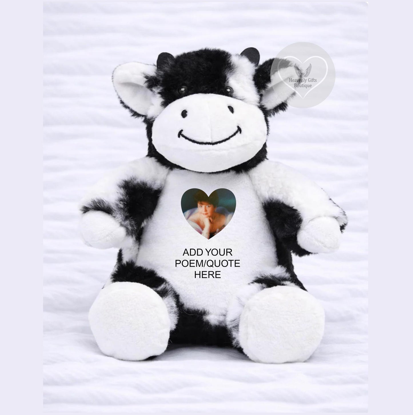 Soft personalised remembrance cow teddy bear with printed photo