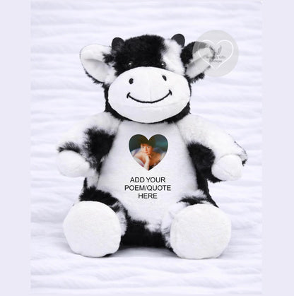 Soft personalised remembrance cow teddy bear with printed photo