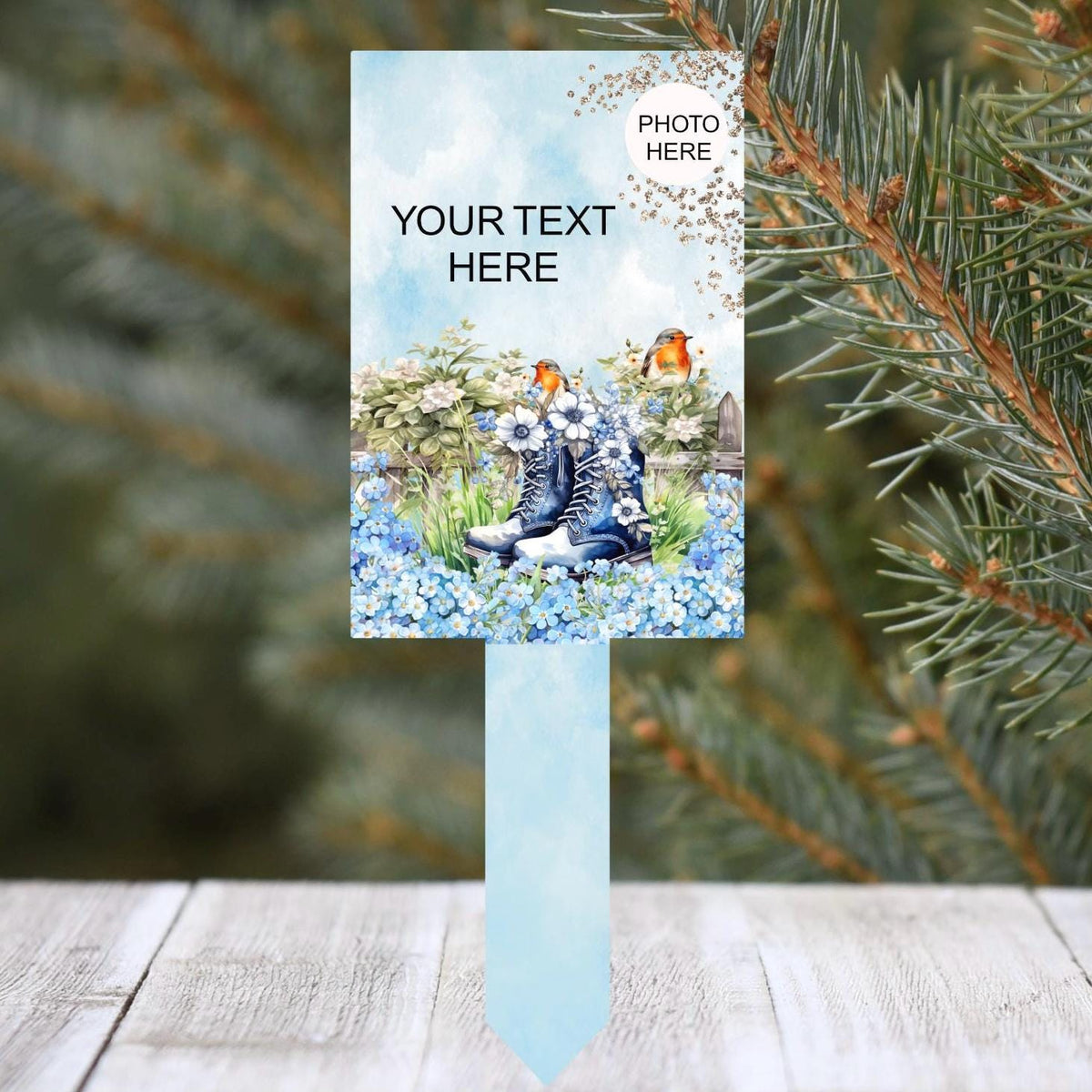 Personalised robin and boots graveside memorial marker