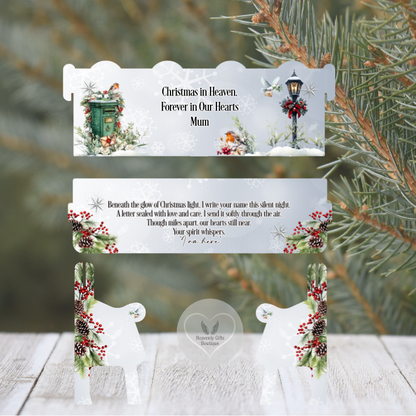 Personalised robin Christmas memorial bench with choice of red or green post box