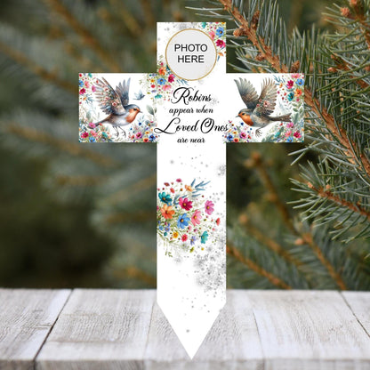 Personalised robin cross memorial grave marker with remembrance wording