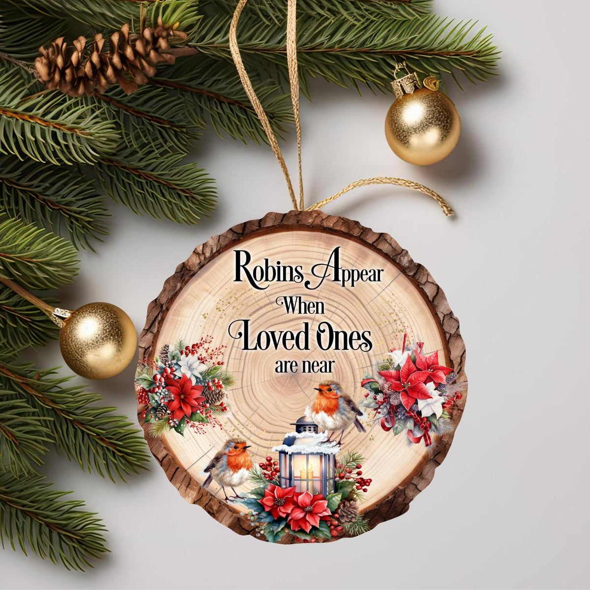 Personalised robin memorial log slice bauble with name