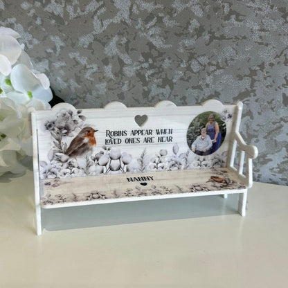 Personalised Robins Appear memorial bench for Nanny with loved one photo