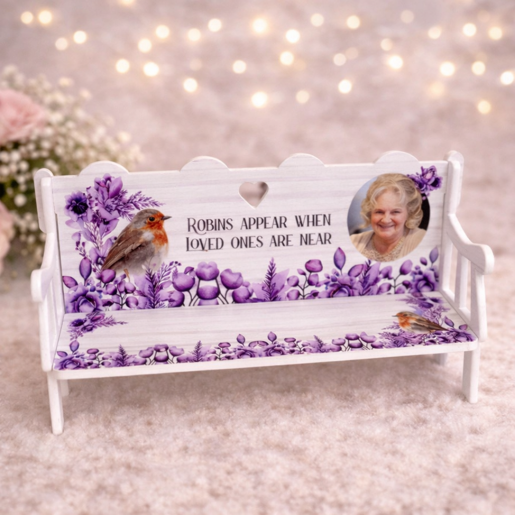 Personalised purple robin memorial bench with loved one's photo