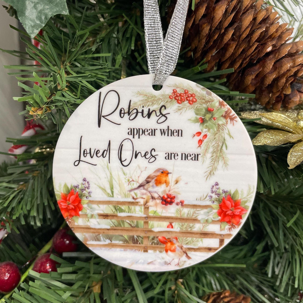 Personalised robin memorial Christmas bauble with photo