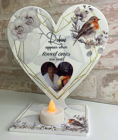 Personalised robin memorial tealight plaque with optional photo and wording