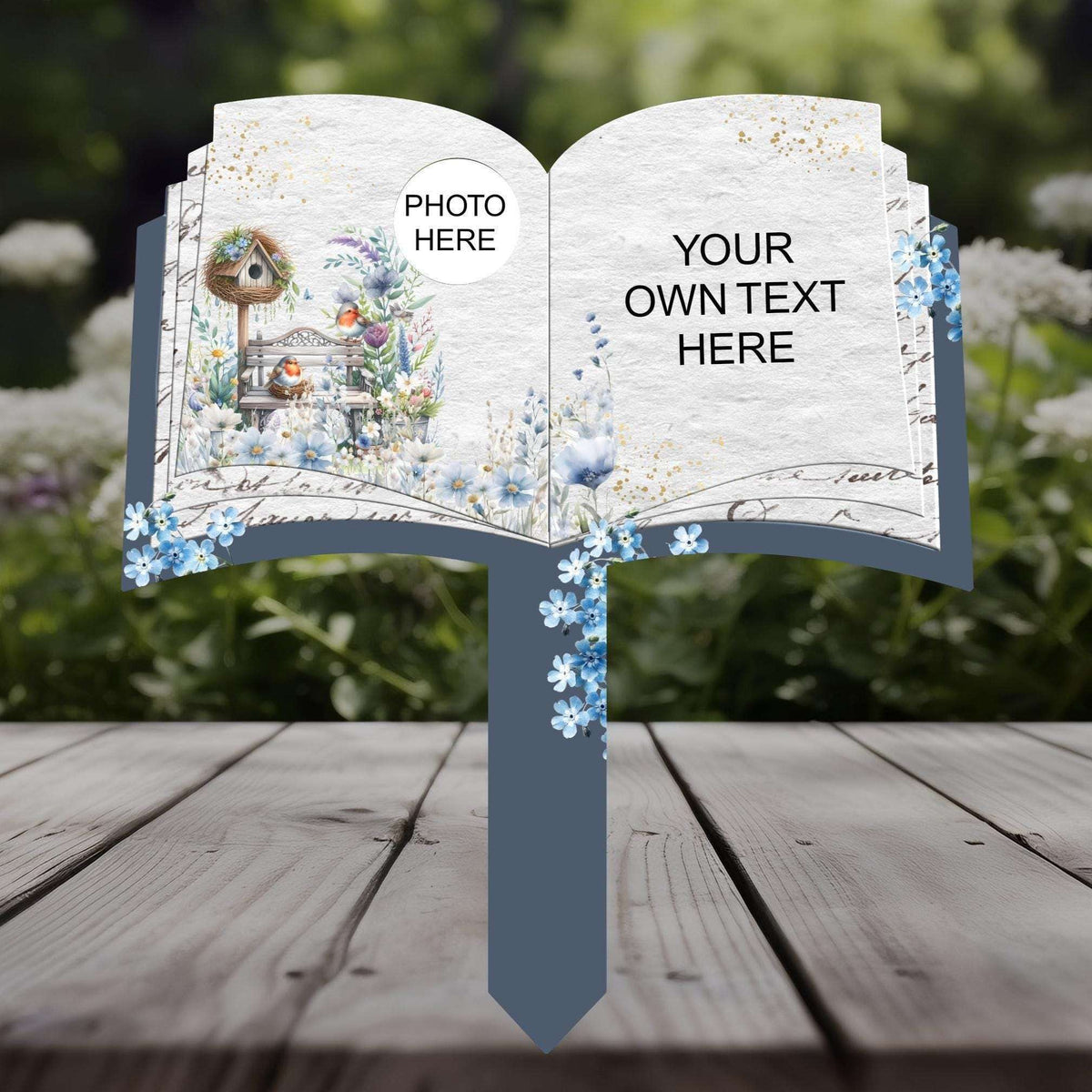 Personalised robin open book memorial marker for a graveside or remembrance garden