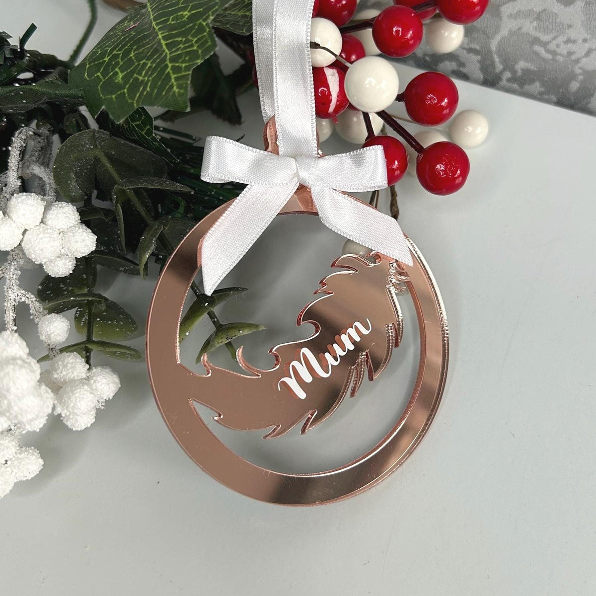 Personalised rose gold feather memorial decoration