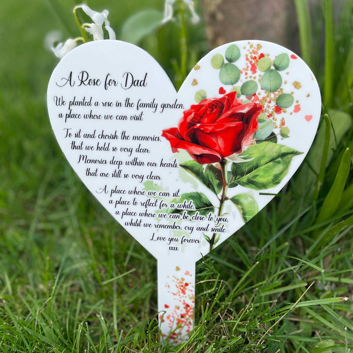 Personalised rose heart memorial grave marker for a loved one
