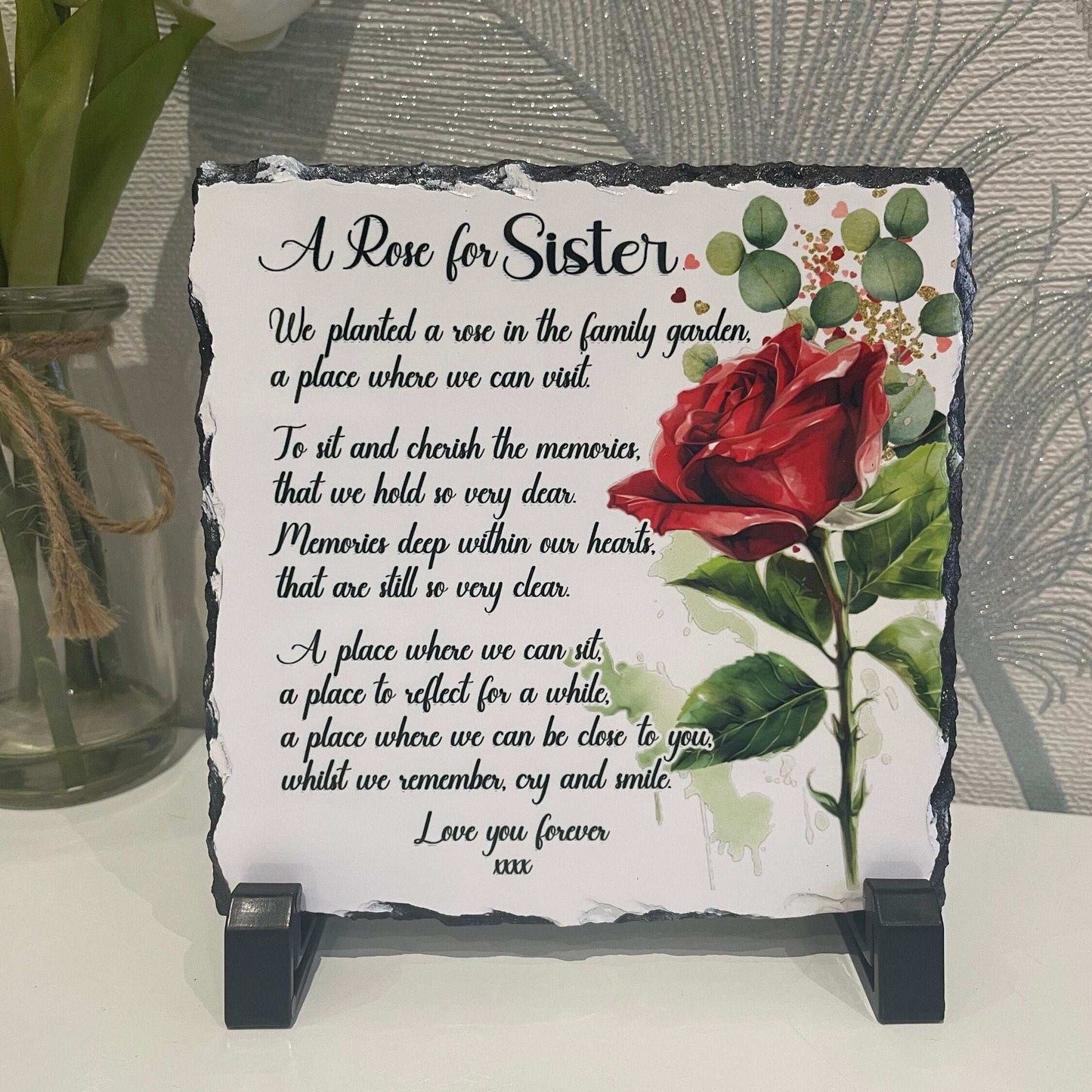 Personalised rose memorial slate for a loved one
