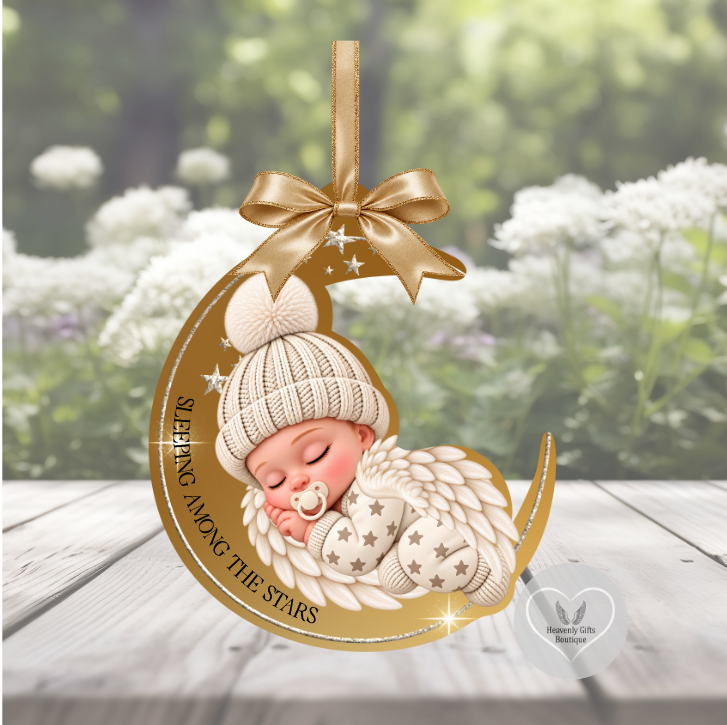Personalised Sleeping Angel Baby acrylic Christmas remembrance bauble with gold crescent moon and sleeping angel design.
