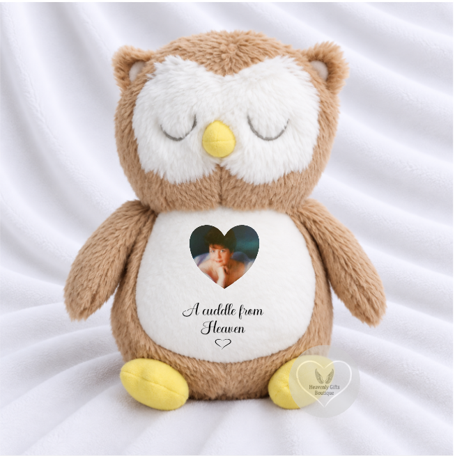 Personalised sleeping owl memory bear with treasured photograph and remembrance wording