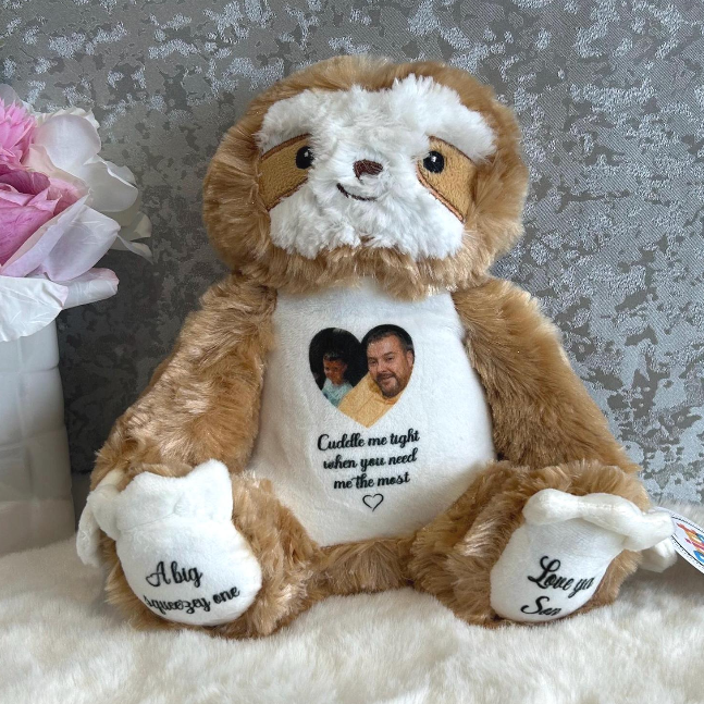 Personalised sloth remembrance keepsake with photo and memorial wording