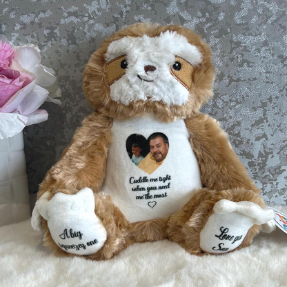 Personalised sloth remembrance keepsake with photo and memorial wording
