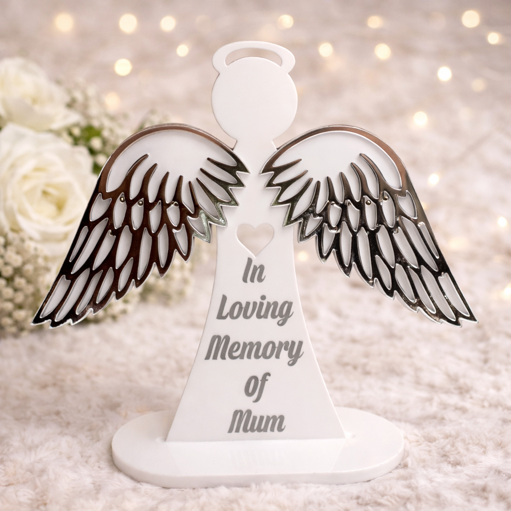 Personalised standing memorial angel with mirrored wings and remembrance wording