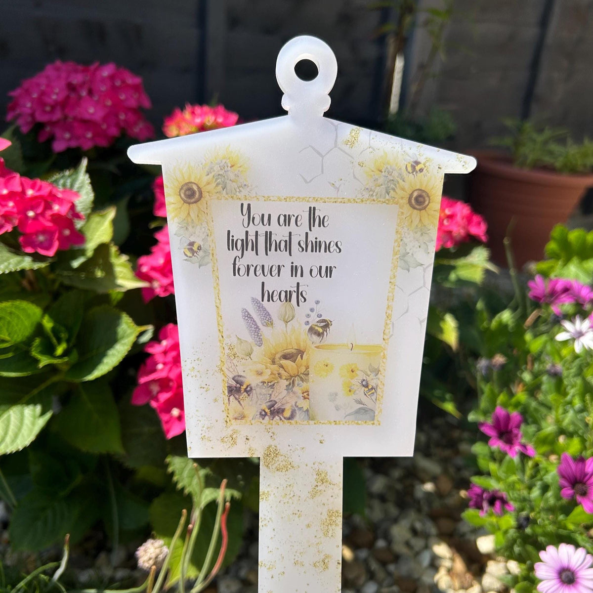 Personalised sunflower and bee memorial lantern grave marker